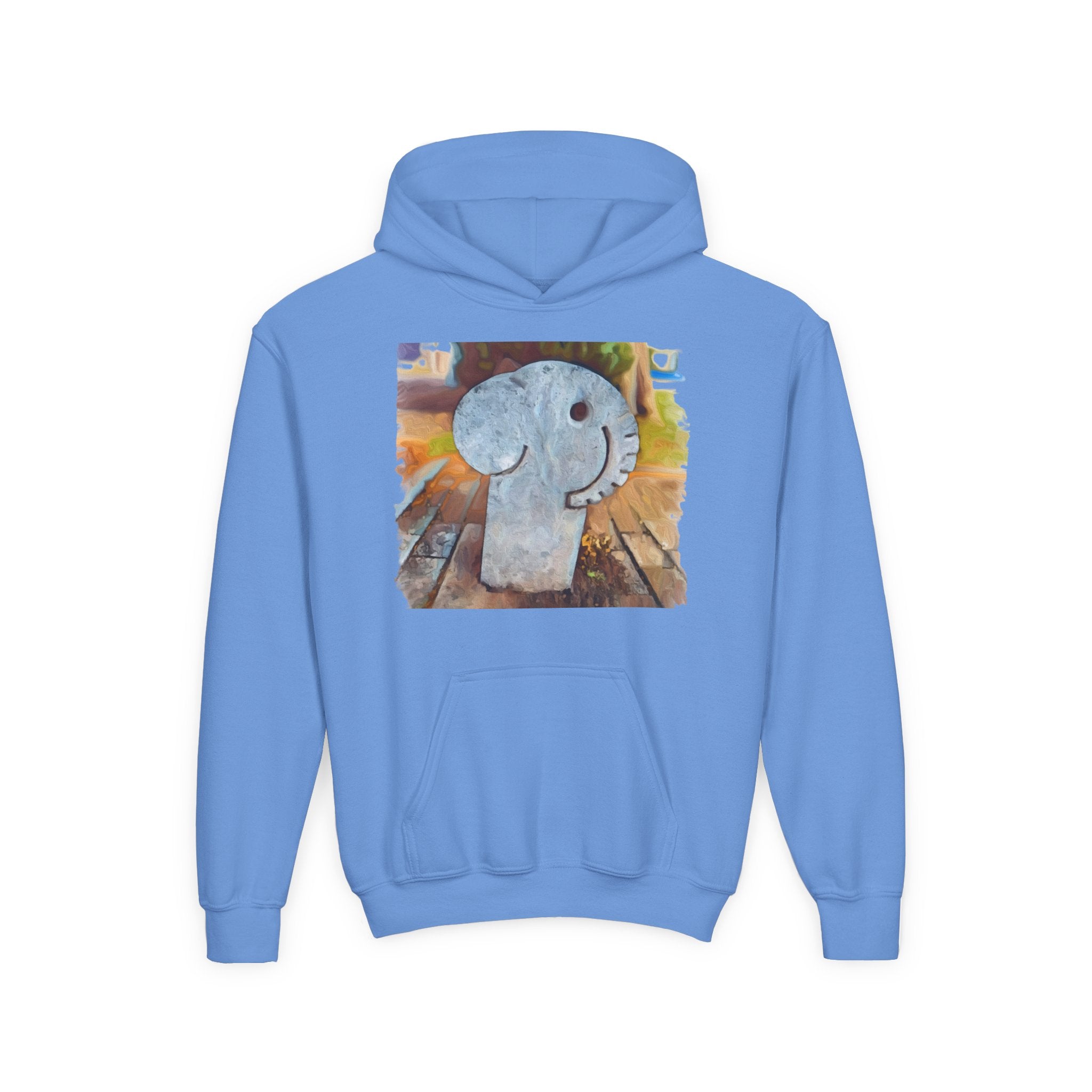 Blue hoodie with a graphic design of an elephant on a white background