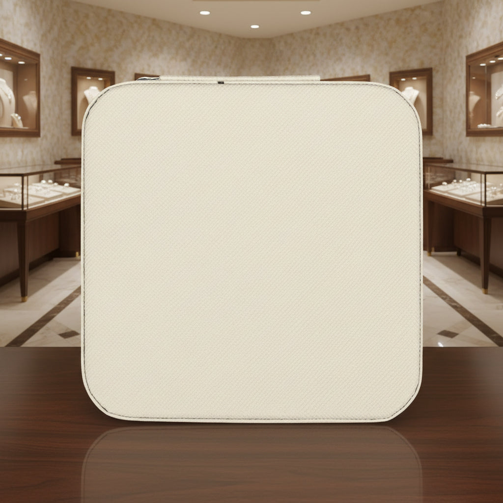 Back of small beige jewelry back  on a jewelry store background