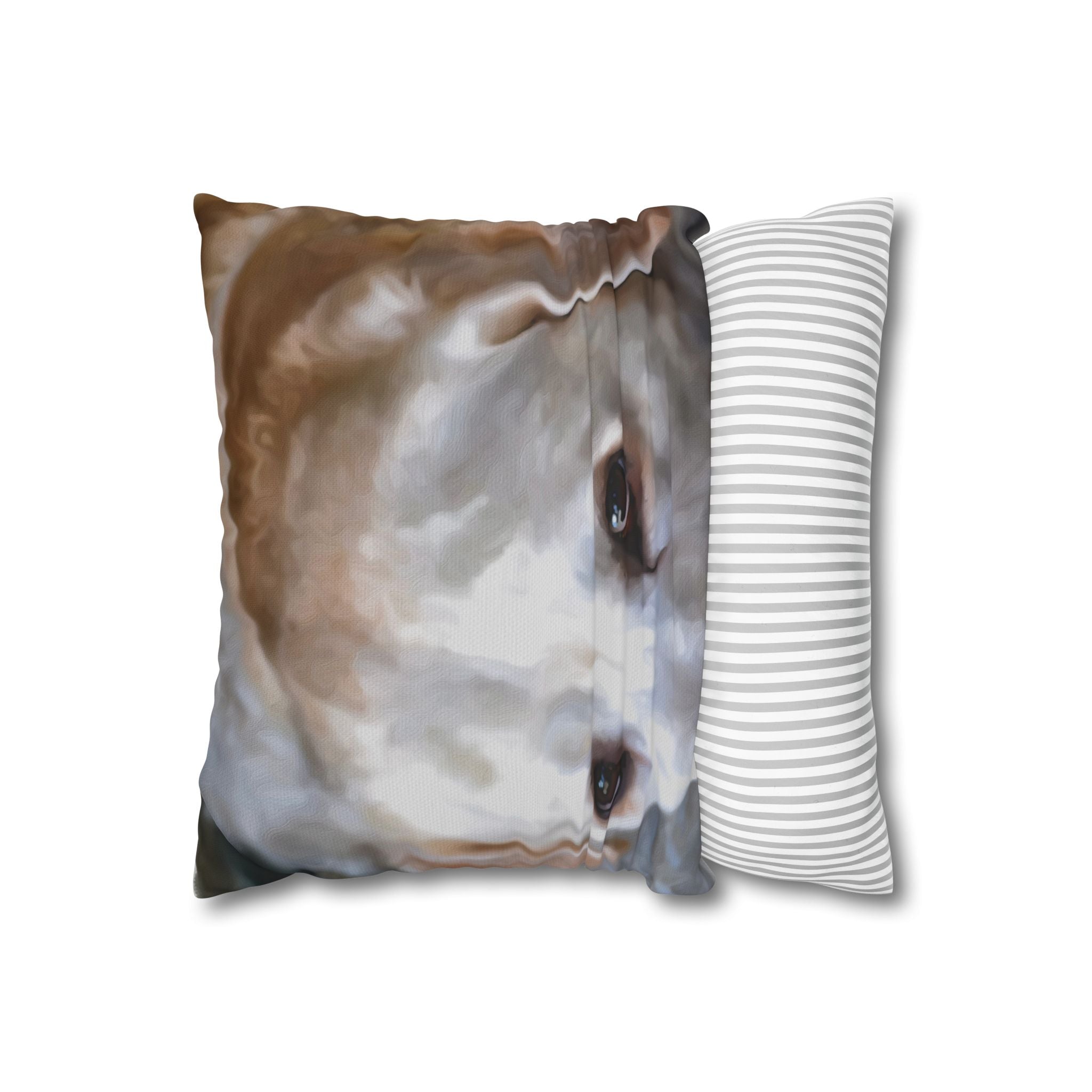 Pillow with a horse design and a striped pillow next to it on a white background