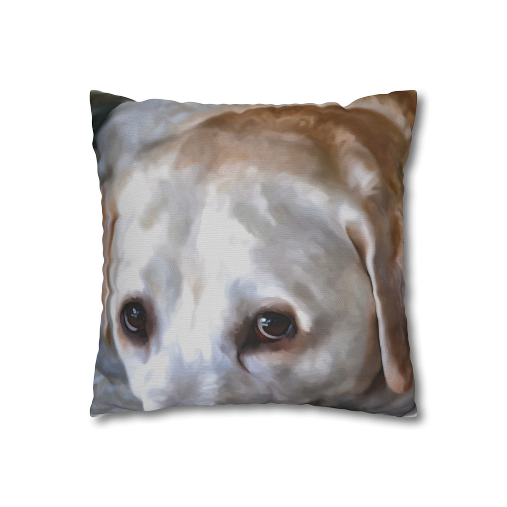 Pillow with a dog's face printed on it against a white background