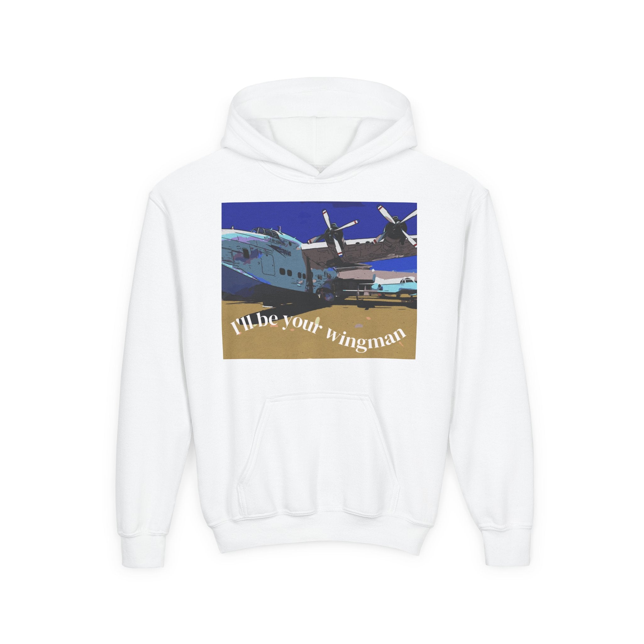 White hoodie with airplane graphic and text 'I'll be your wingman' on a white background