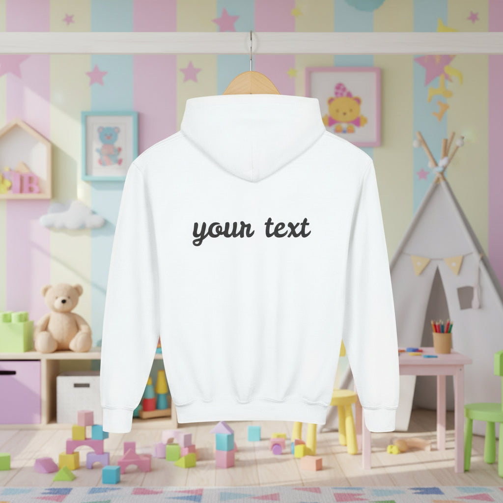 Hanging white hoodie with 'your text' printed on the back against a kids room background