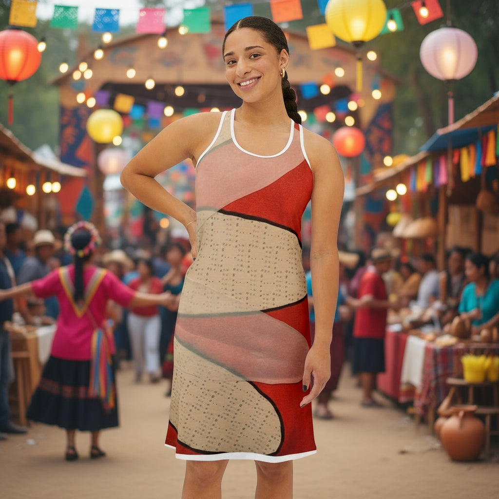 Woman wearing a colorful dress with geometric pattern at a street fair