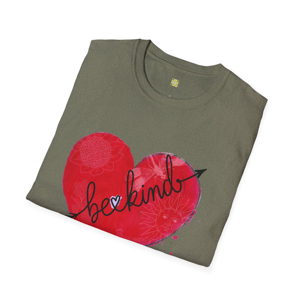 Folded green t-shirt with a red heart and 'be kind' text on a white background