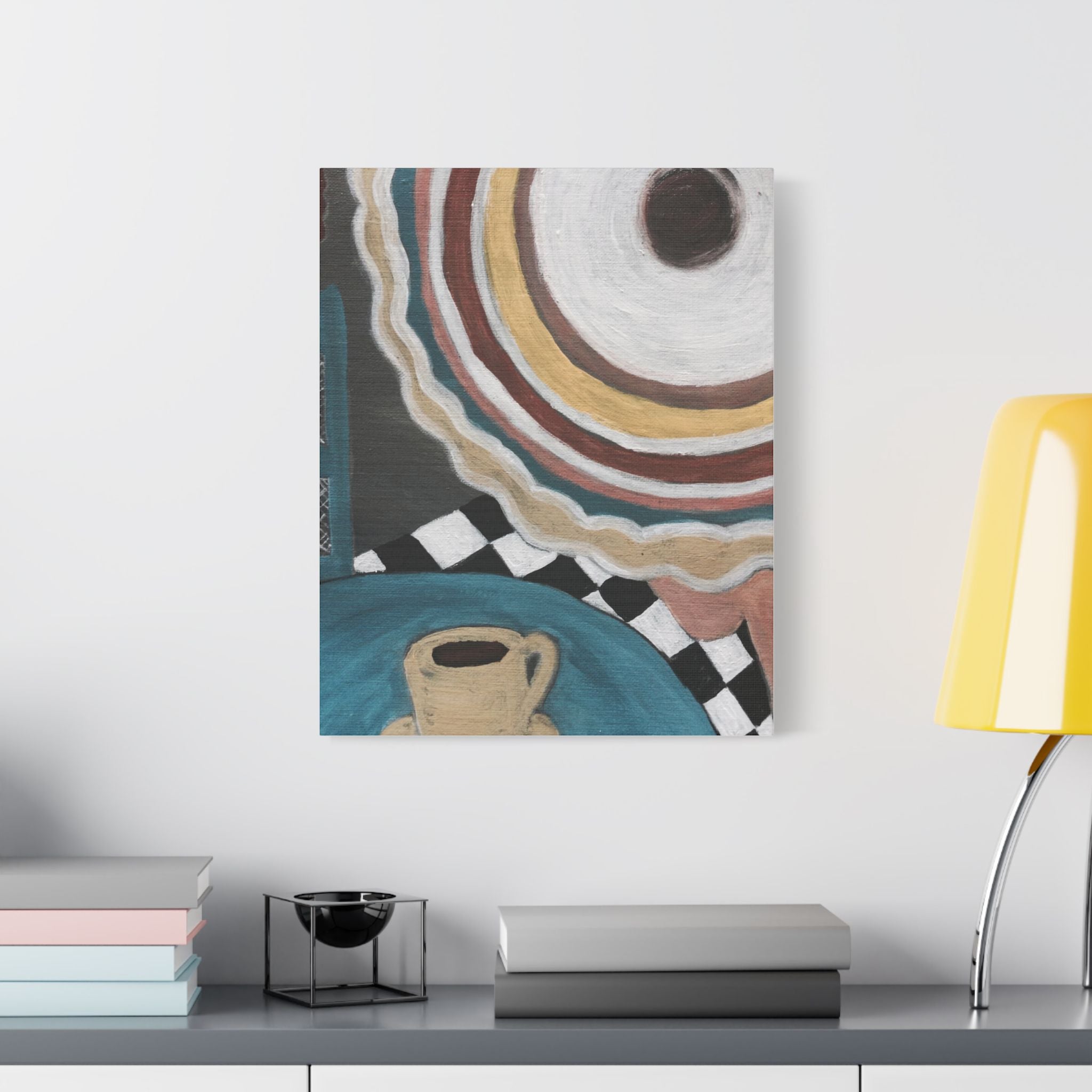 Womat at a cafe  painting on a wall above a shelf with books and decor items.