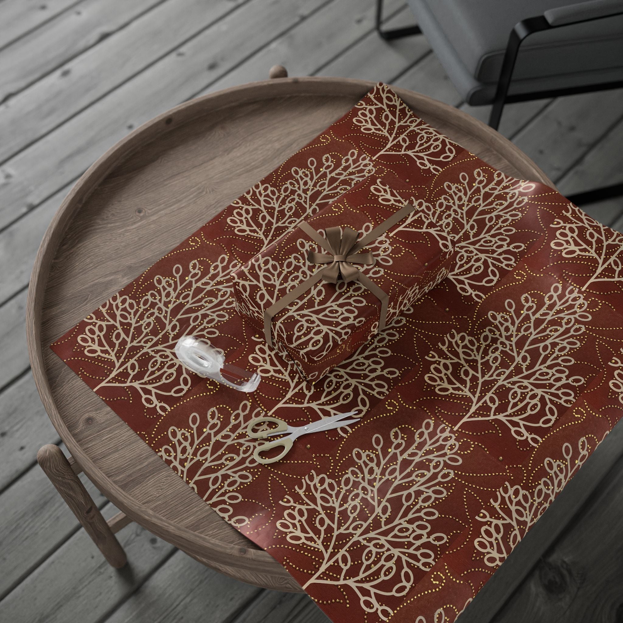 Wooden tray with a decorative red and beige pattern on a wooden surface
