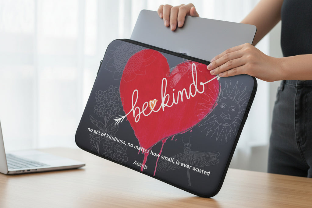 Laptop sleeve with a red heart and 'be kind' text on a dark background with woman putting a laptop inside it