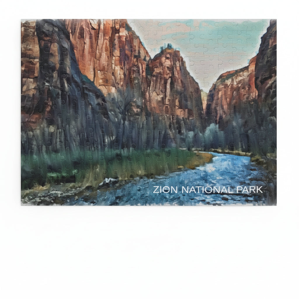 Jigsaw puzzle completed of  Zion National Park featuring cliffs and water on a white background