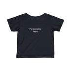 Black t-shirt with 'Personalize Here' text on a white background