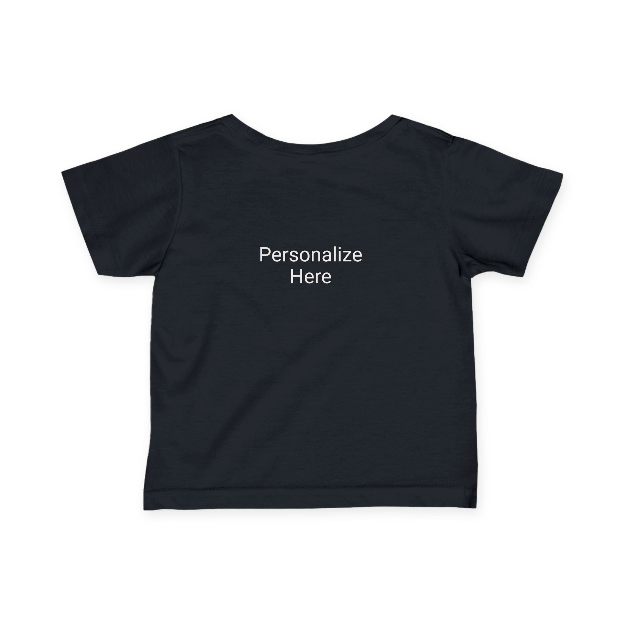 Black t-shirt with 'Personalize Here' text on a white background