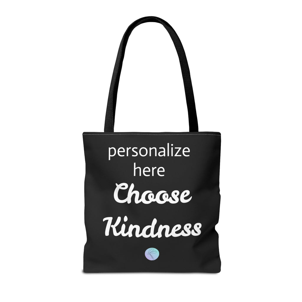 Black tote bag with 'Choose Kindness' text on a white background