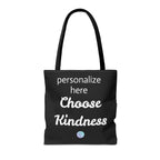 Black tote bag with 'Choose Kindness' text on a white background