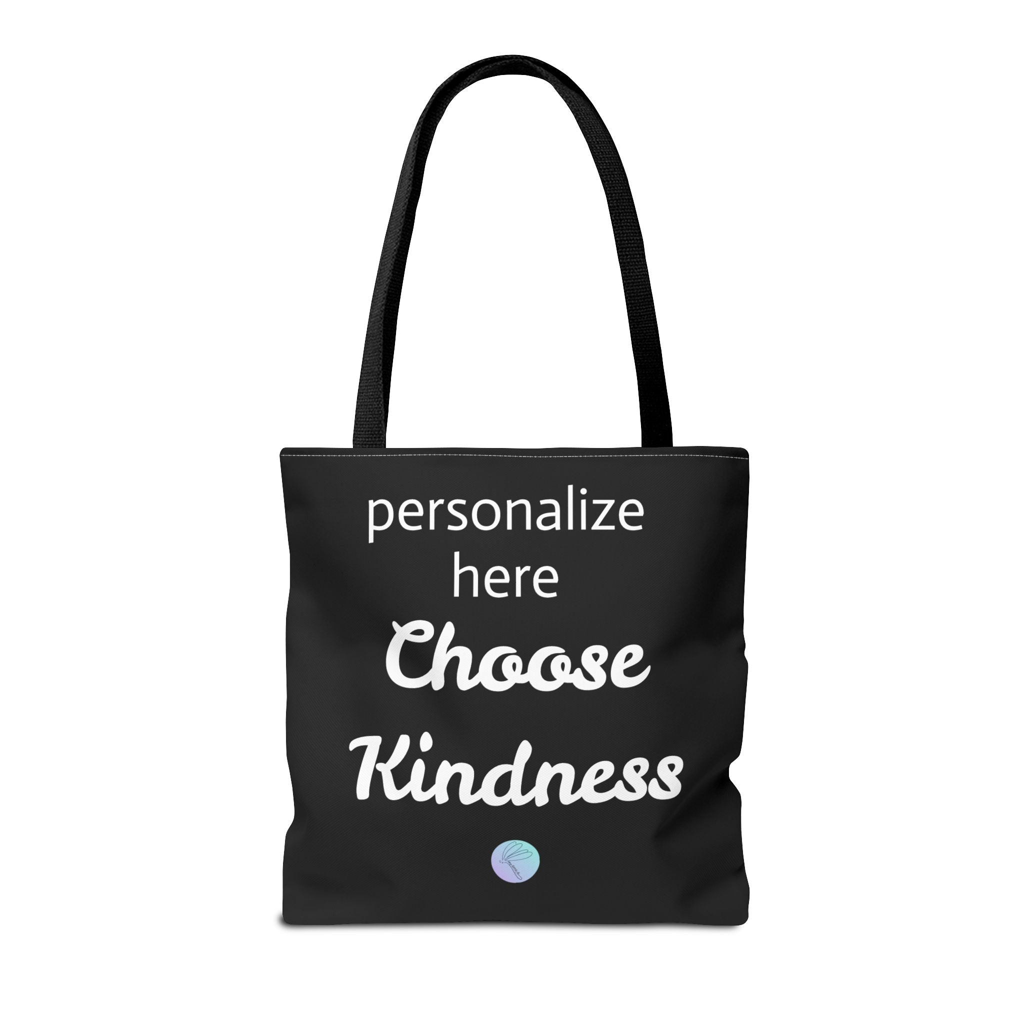 Black tote bag with 'Choose Kindness' text on a white background