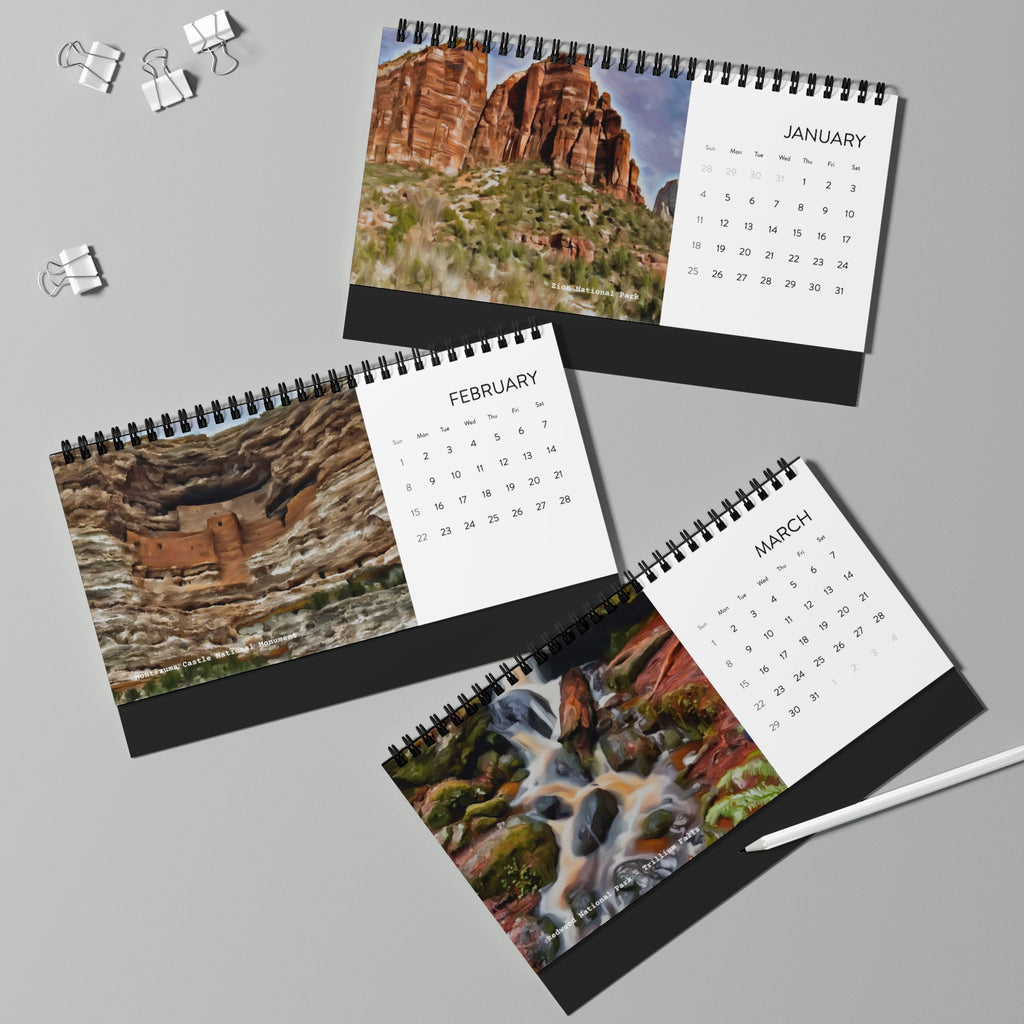 Three spiral-bound calendars for January, February, and March on a gray background.