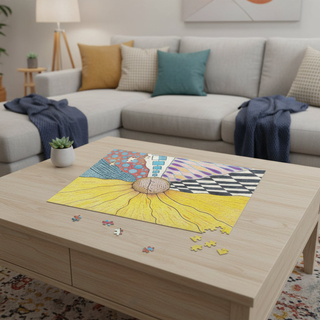 Colorful puzzle with a sunflower zentangle inspired design on a coffee table in a living room