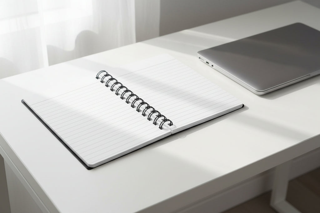 Open spiral bound notebook with laptop next to it on a desk