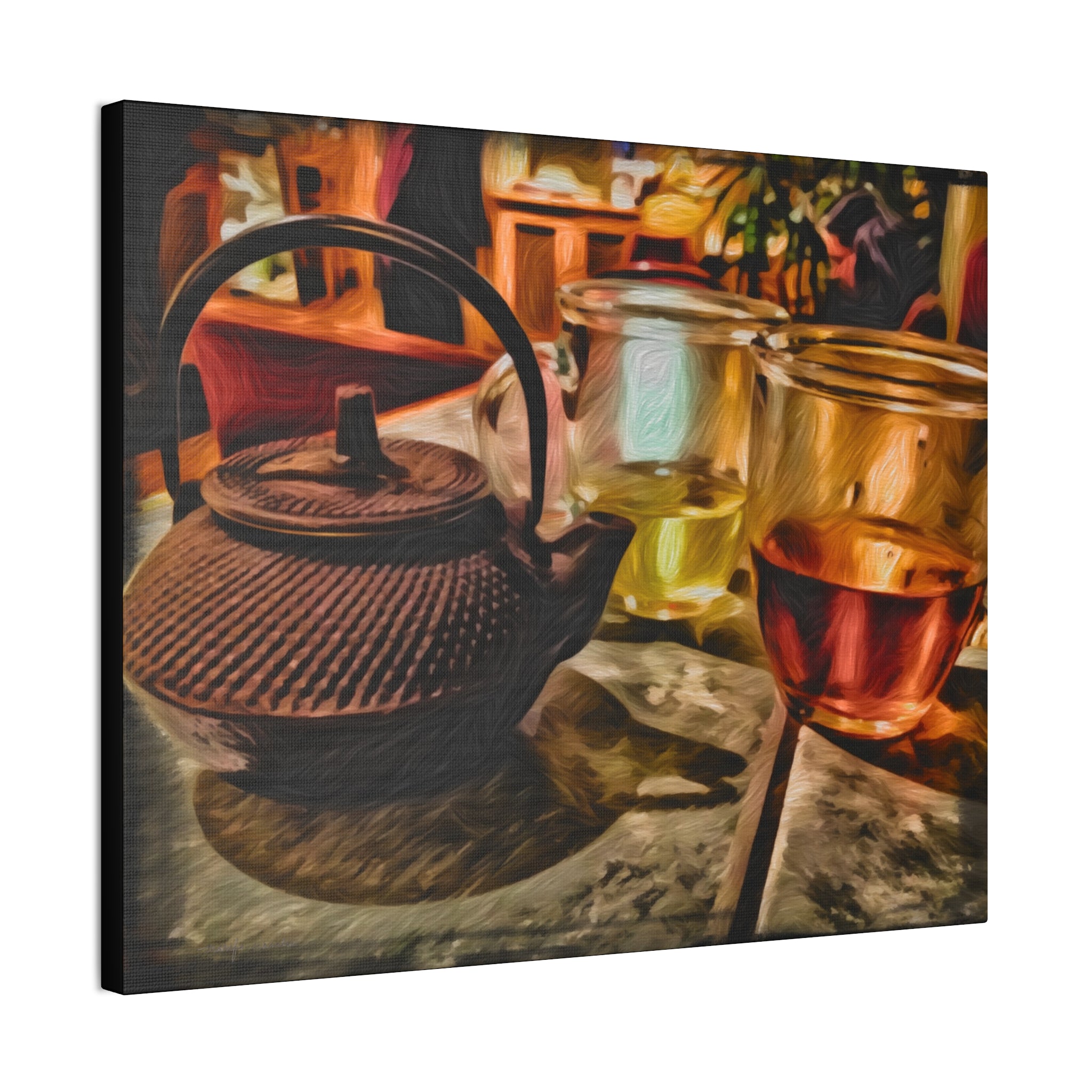 Tea set with a teapot and two glasses on a table, with a blurred background of chairs and tables.