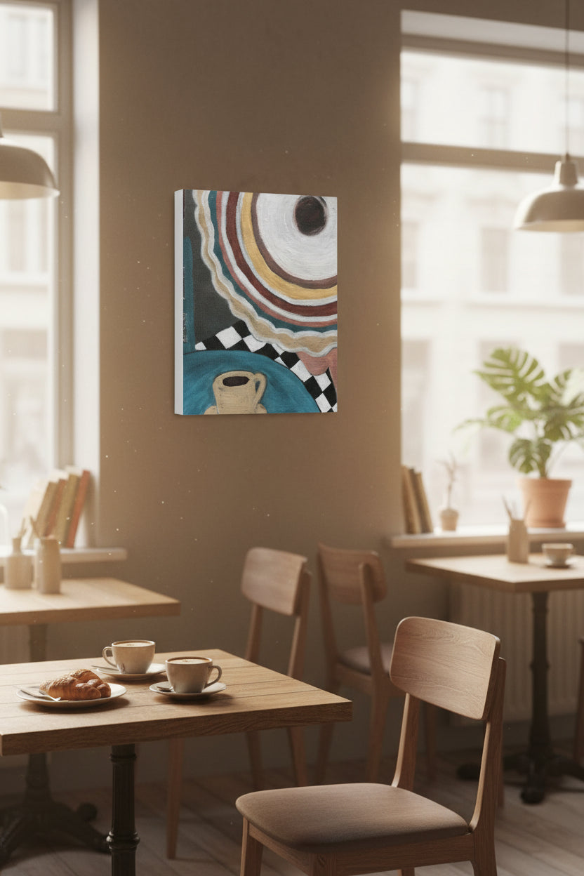 Woman at a cafe  painting hanging on a wall at a cafe.