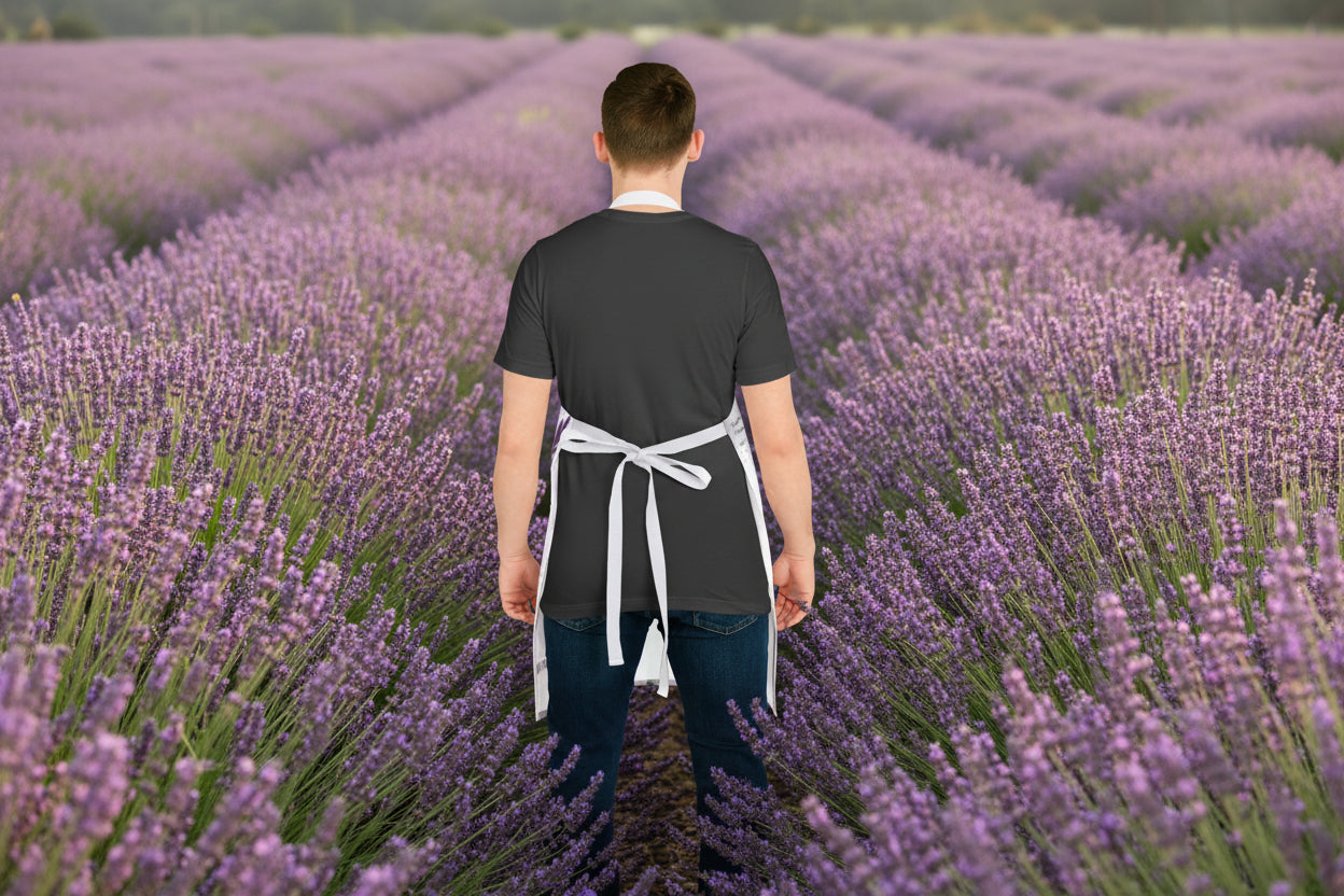 Person wearing a black apron over a gray shirt in a lavender garden