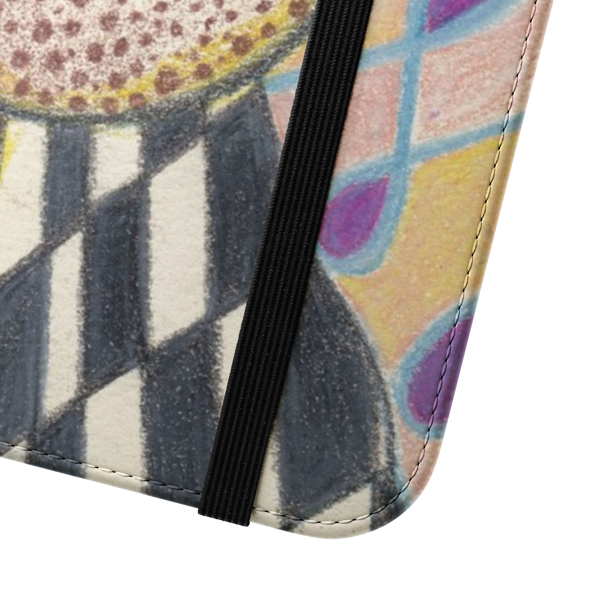 Close-up of a colorful patterned phone case with a black binding.