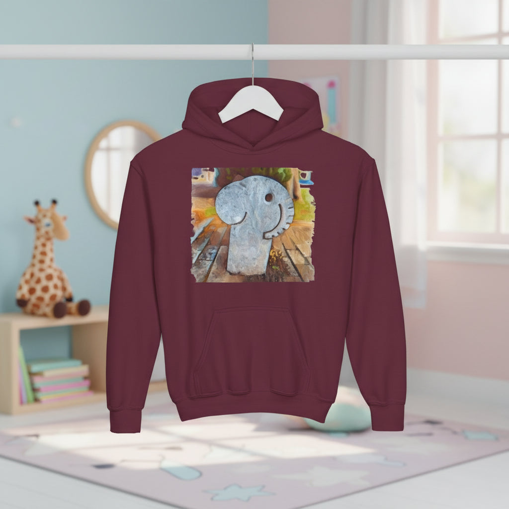 Maroon hoodie with a graphic of a park elephant at a kids room