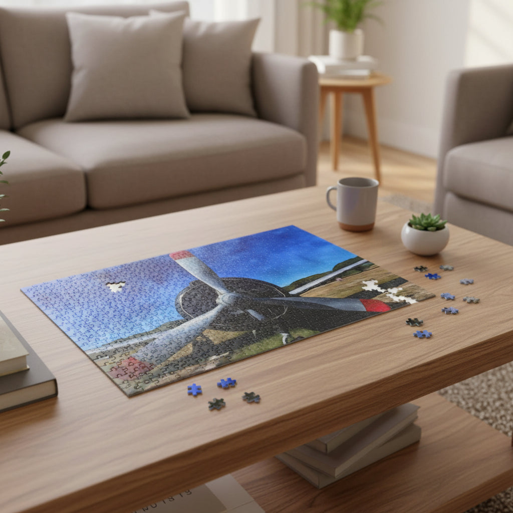 Jigsaw puzzle of Airplane with red tipped propellers on a coffee table in a living room