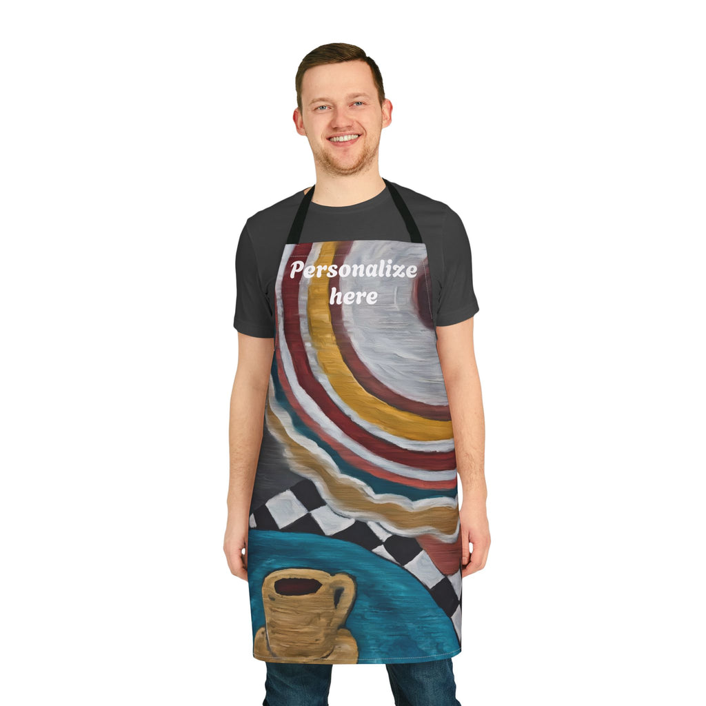 Man wearing a colorful apron with customizable text on a white background