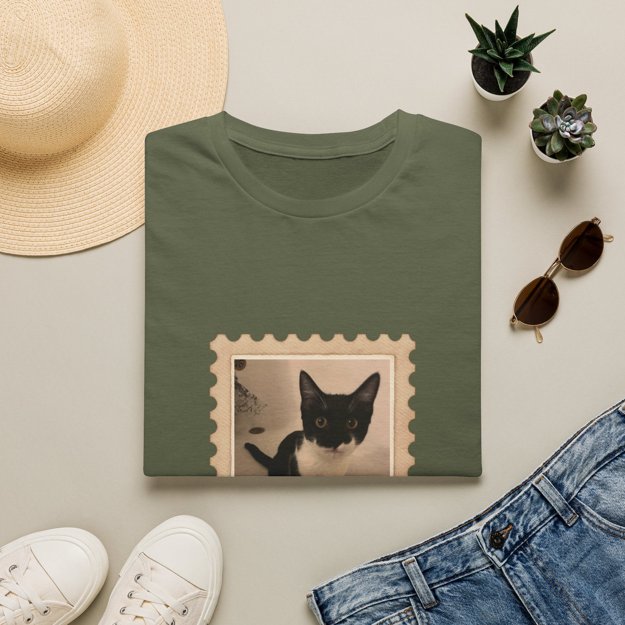 Cat Stamp T-Shirt – 'Cuteness Guaranteed' Vintage Photo Tee