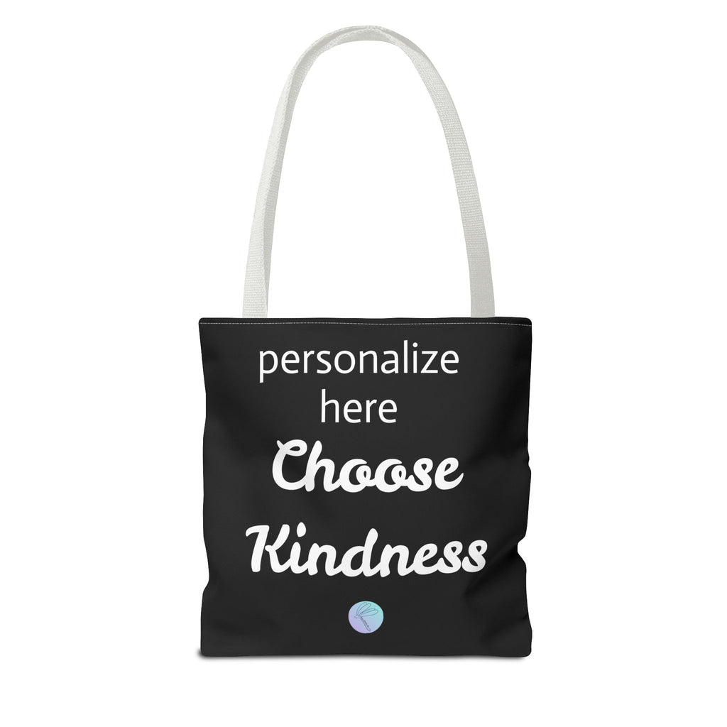 Black tote bag with 'Choose Kindness' text on a white background
