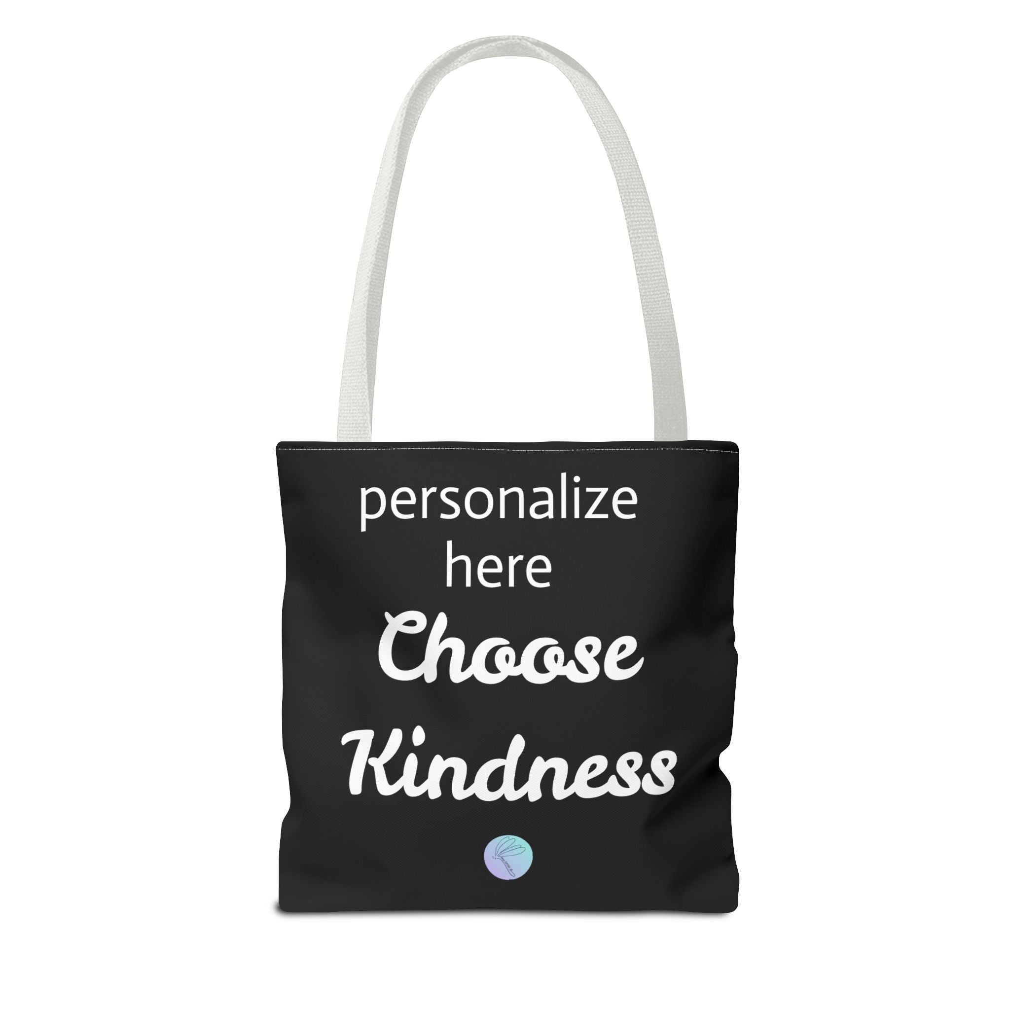 Black tote bag with 'Choose Kindness' text on a white background