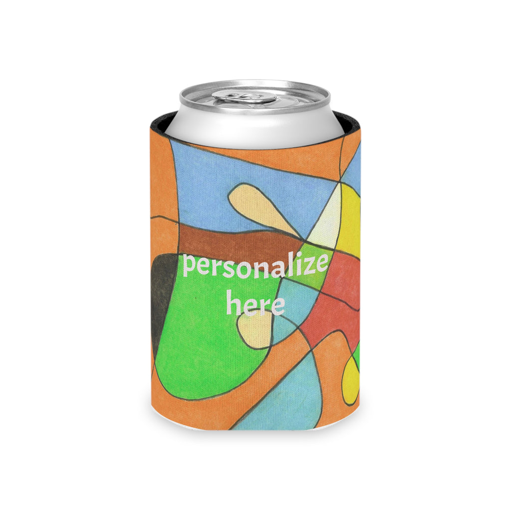 Colorful can cooler with 'personalize here' text on a white background