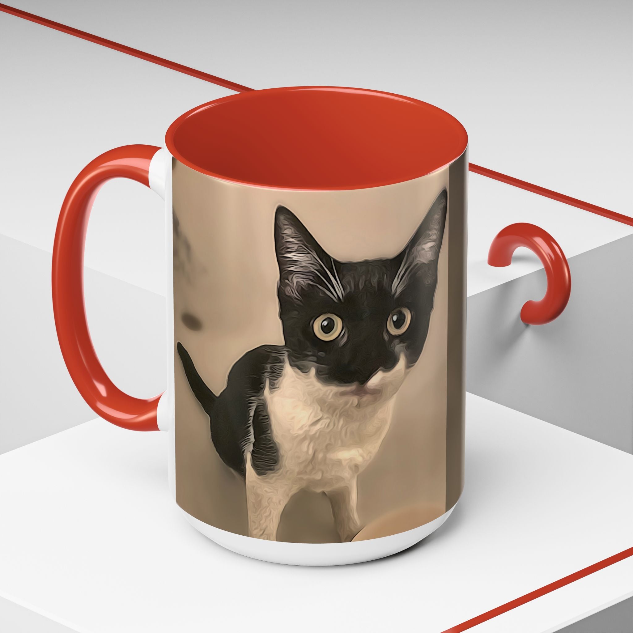 Mug with a black and white cat design on a beige background