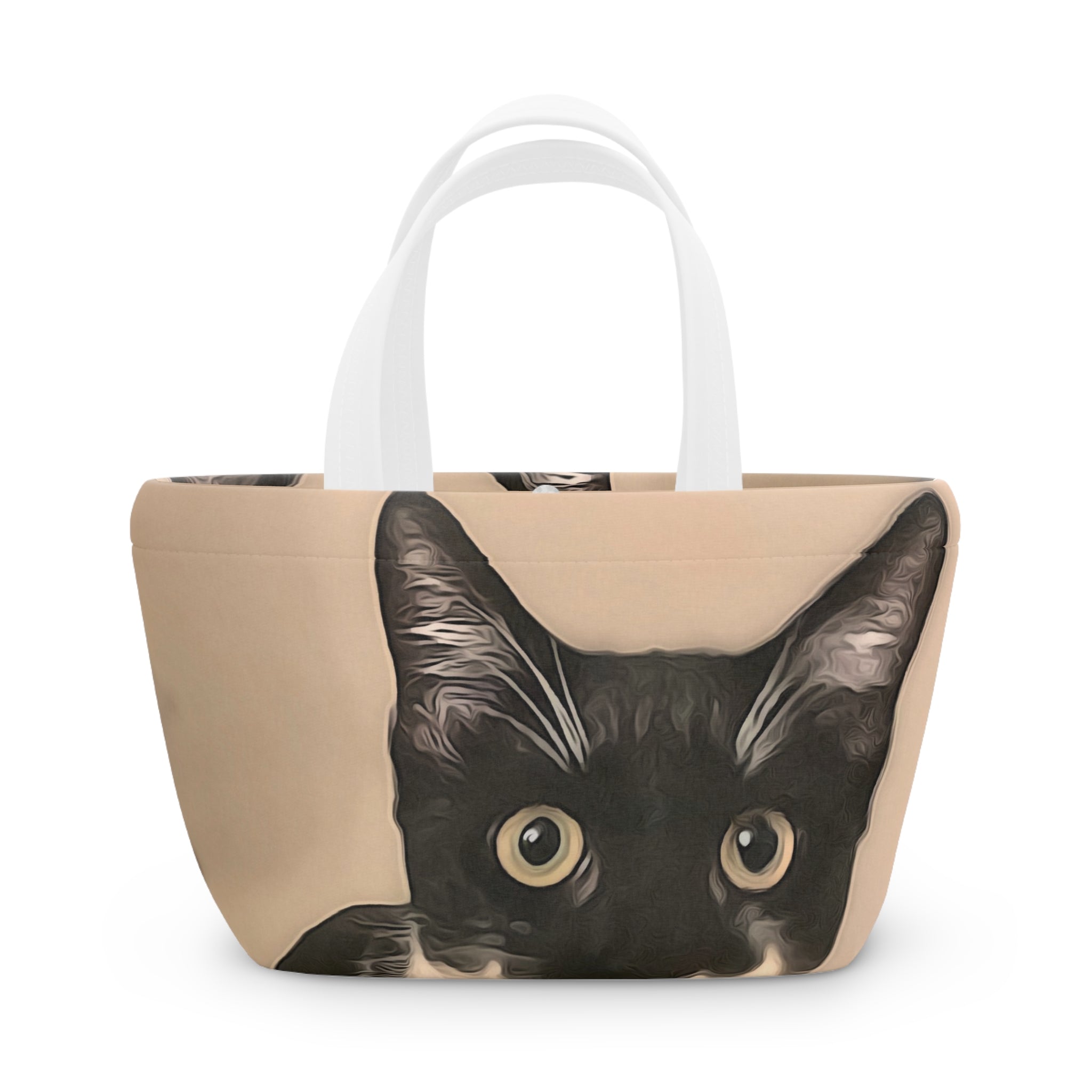Beige tote bag with a black cat face design on a white background