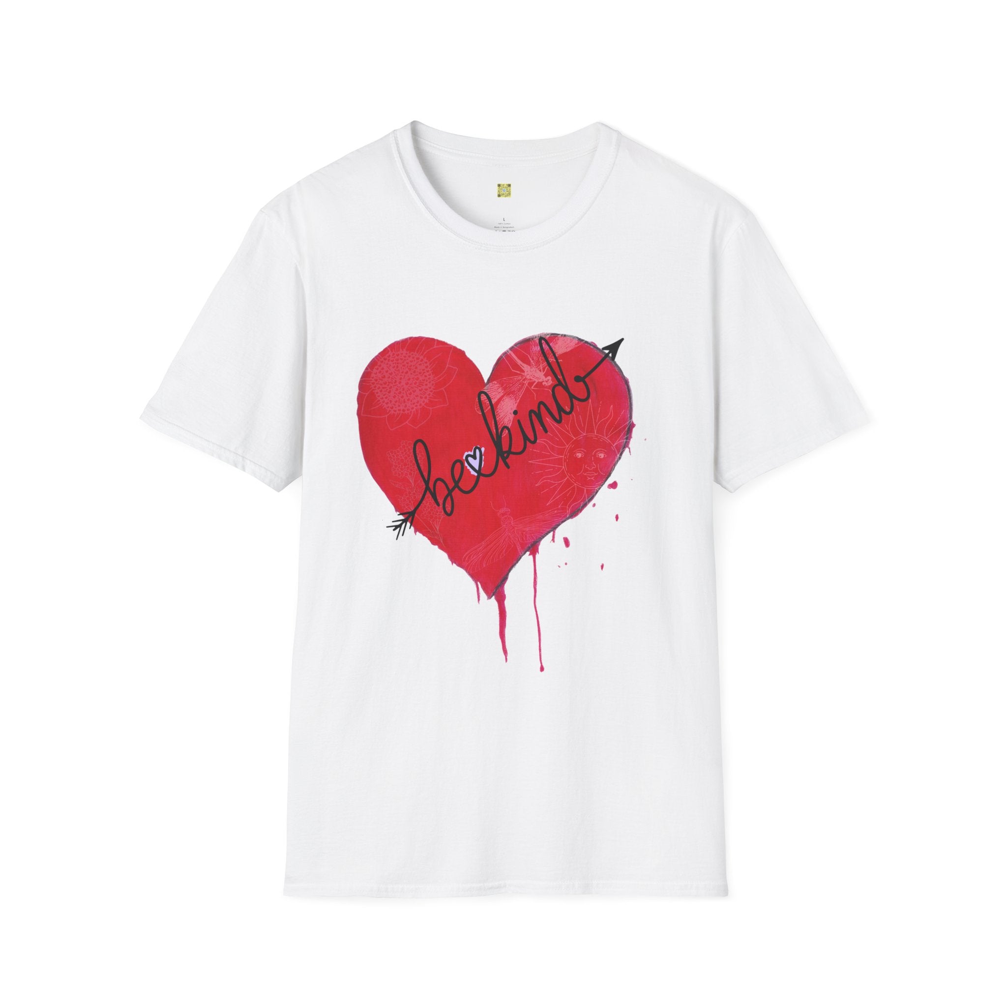 White t-shirt with a red heart and 'be kind' text on a white background