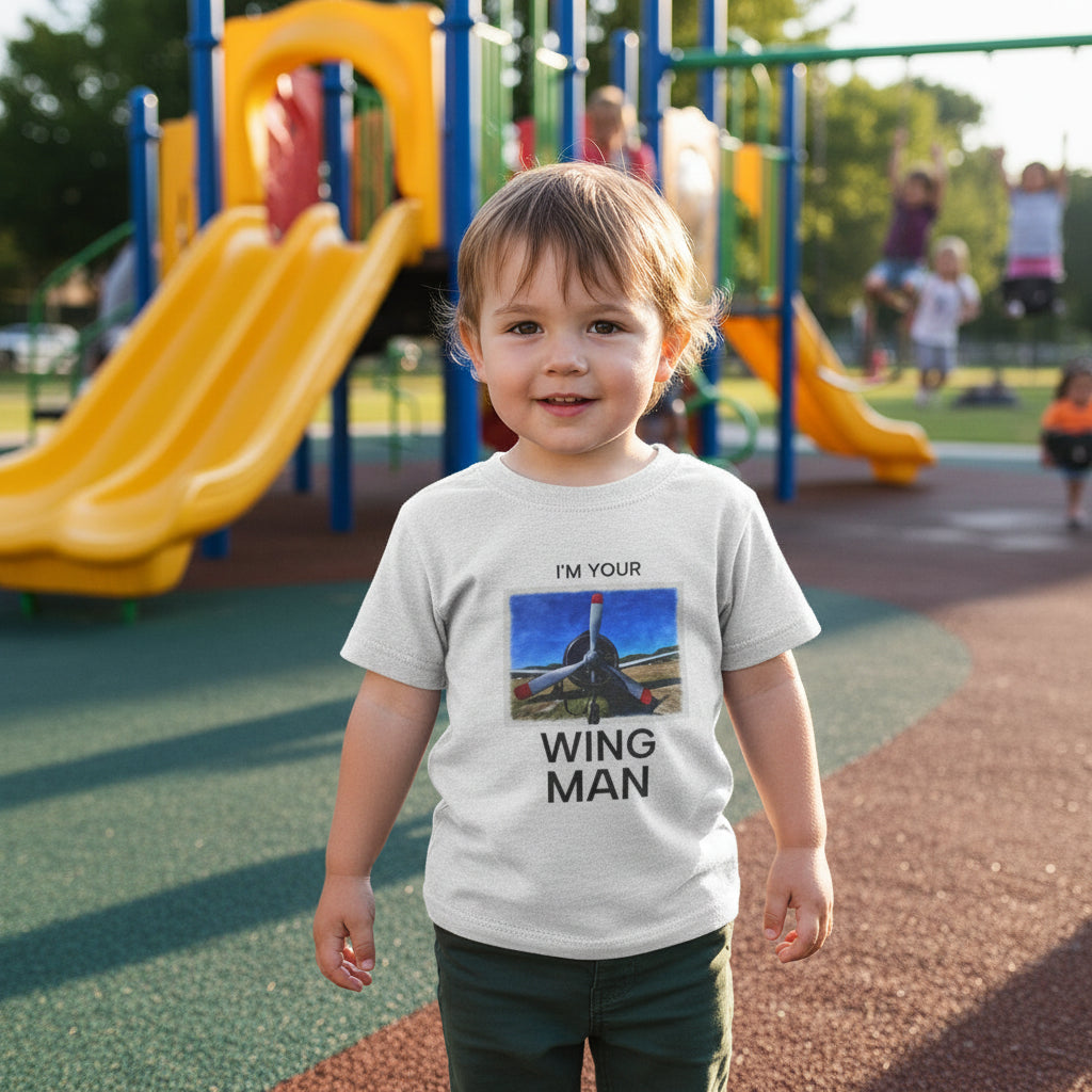 Gray t-shirt with graphic design and text 'I'm your wing man' on a white background
