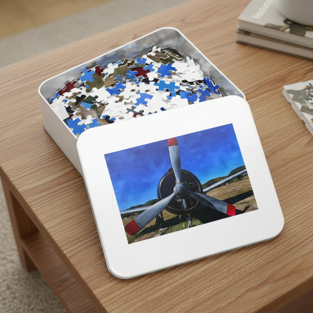 Jigsaw puzzle of Airplane with red tipped propellers on a coffee table