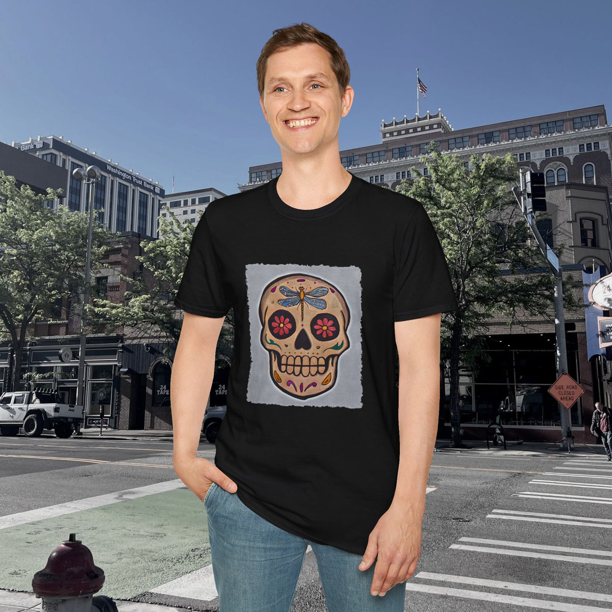 Shirt, Day of the Dead Sugar Skull - Dragonfly Floral Calavera Tee