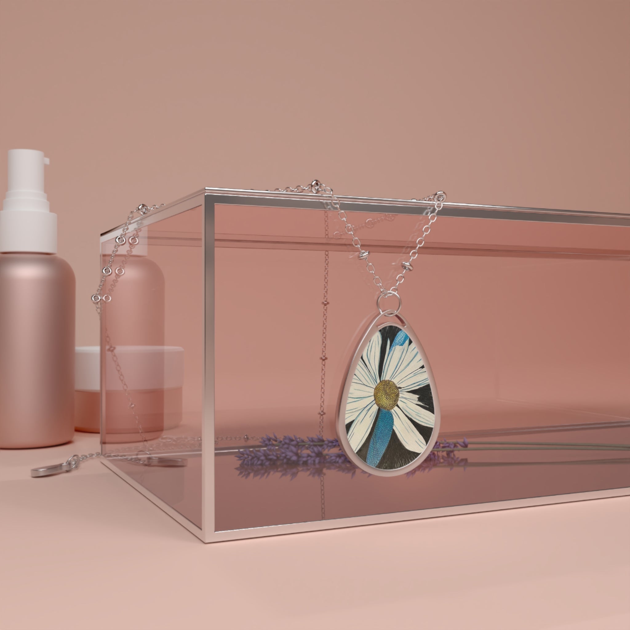 Jewelry, Oval Necklace - White Daisy Dragonfly Wings Pendant