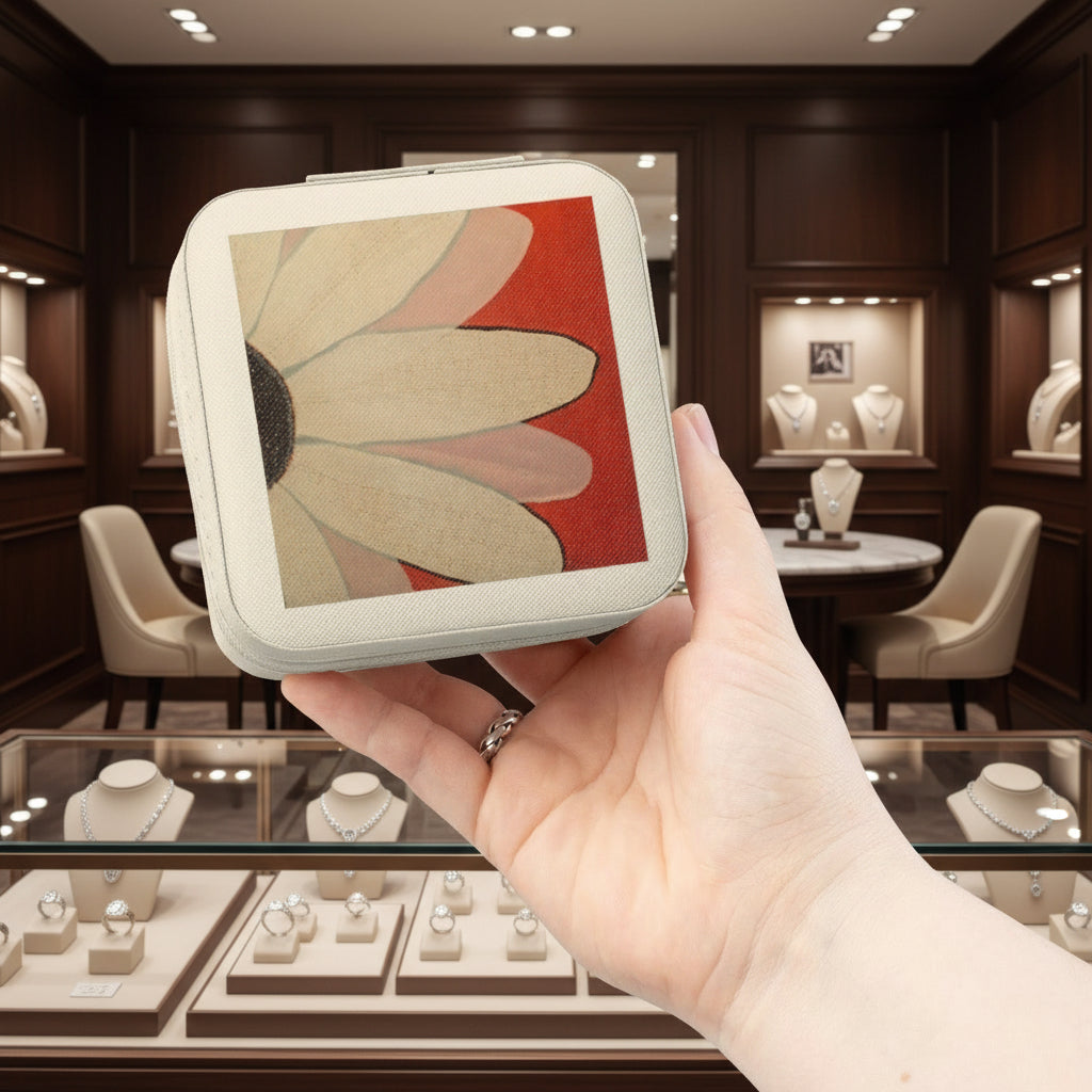 Hand holding a small rectangular jewelry box with a floral design against a jewelry store backdrop