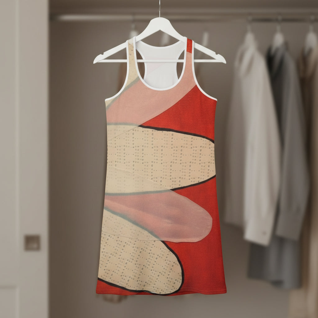 Dress with floral design hung up in a closet