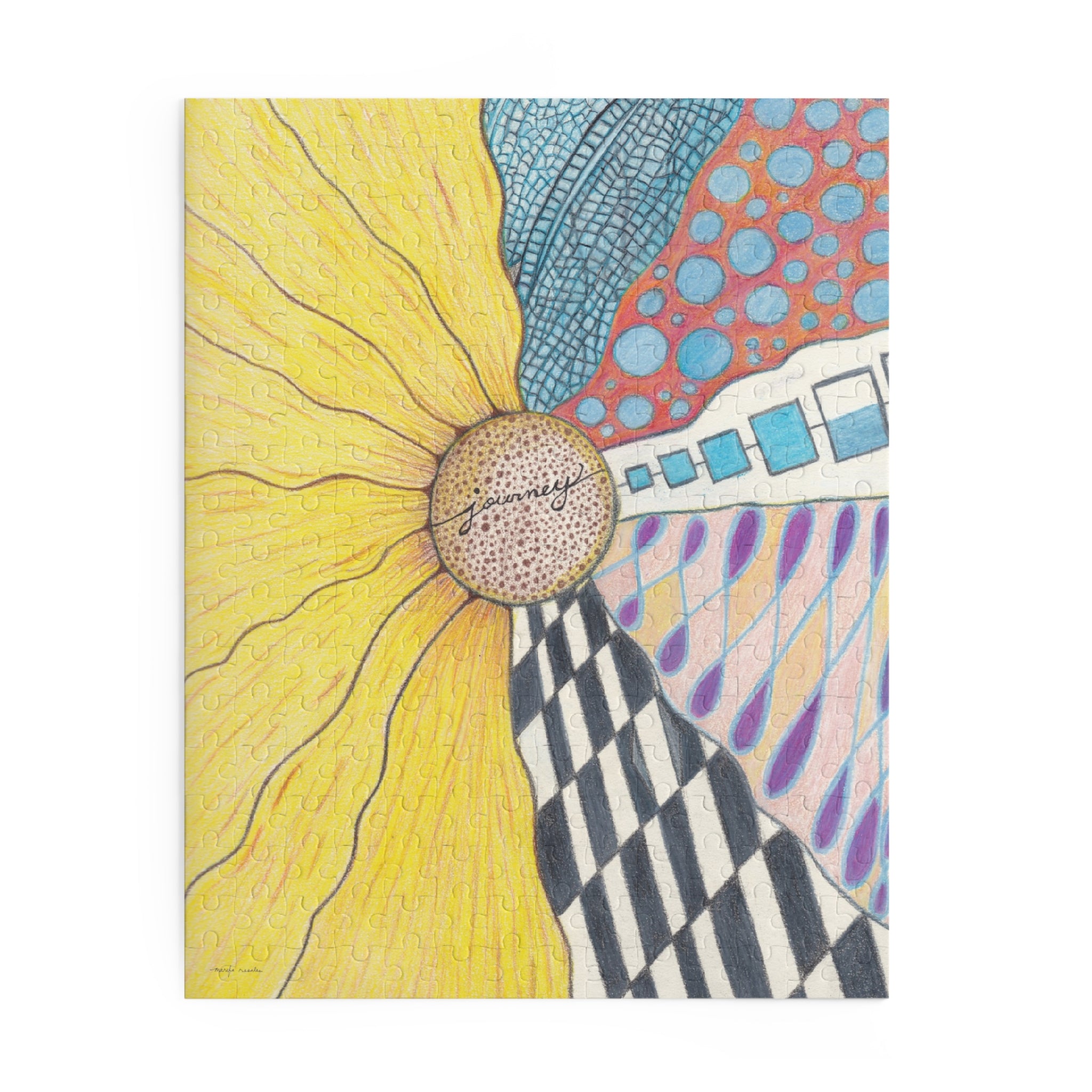 Colorful abstract design with a yellow flower-like shape and geometric patterns on a white background