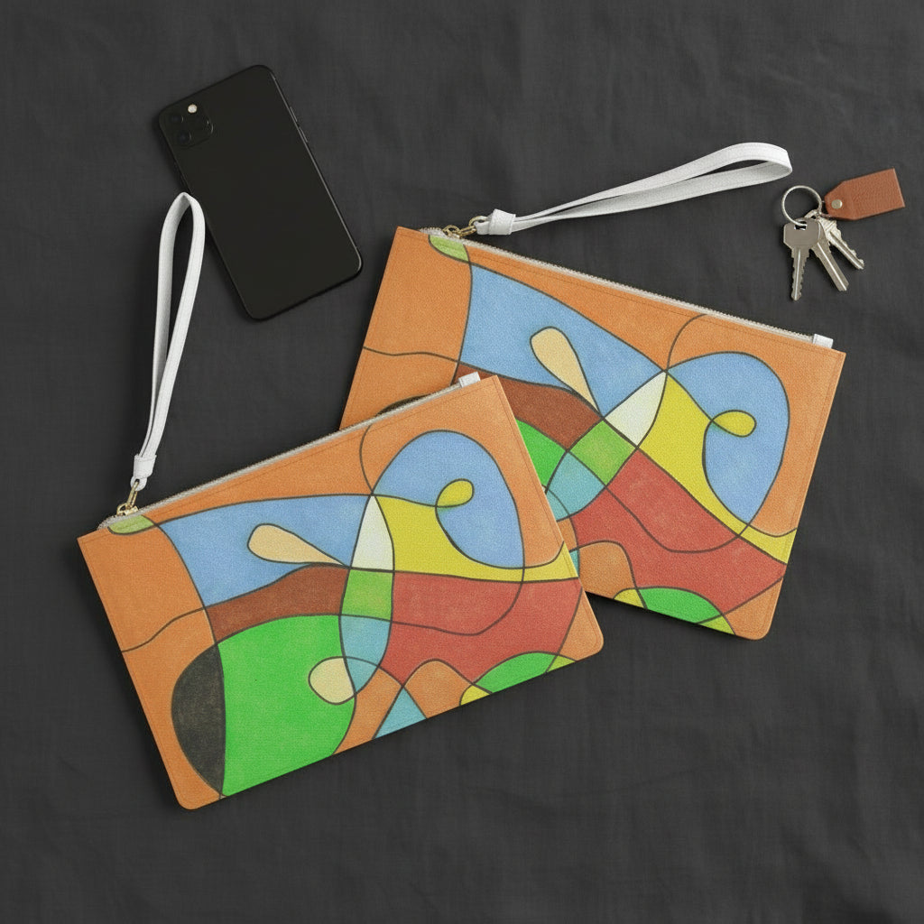 Two colorful pouches with abstract designs on a bed with black sheet along with keys on a chain and a cell phone