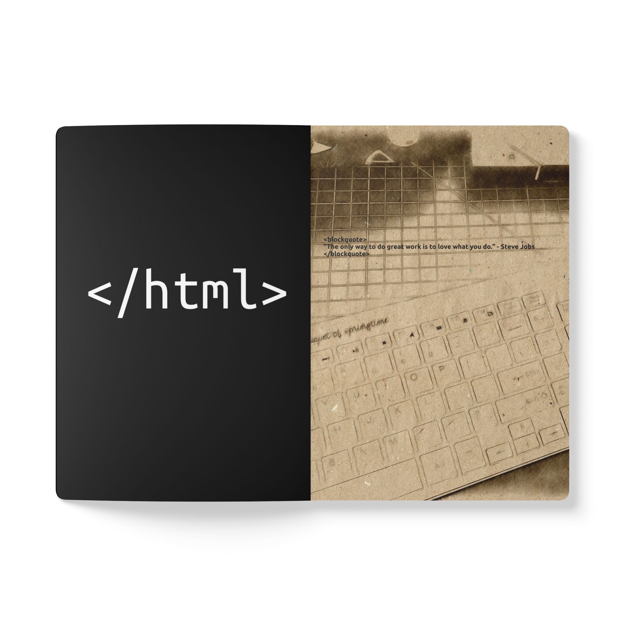 Black and beige mouse pad with HTML code and keyboard design