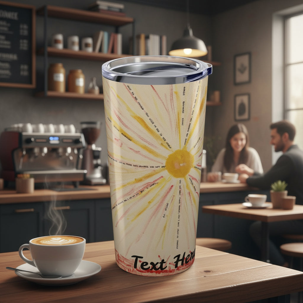 Tumbler with sun design and 'Text Here' text in a cafe