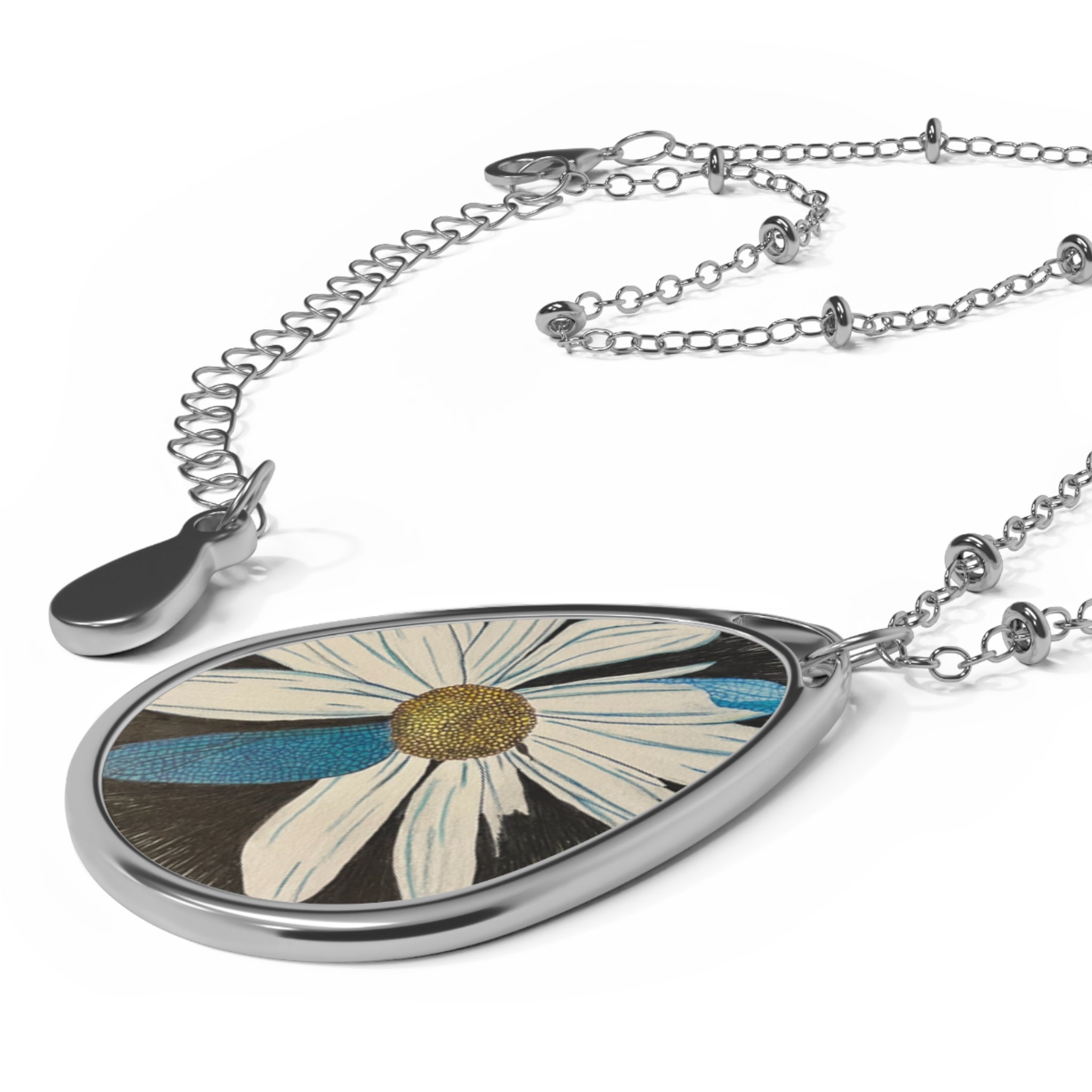 Jewelry, Oval Necklace - White Daisy Dragonfly Wings Pendant
