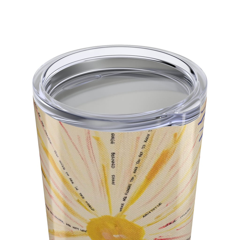Tumbler with a sun design and text on a white background