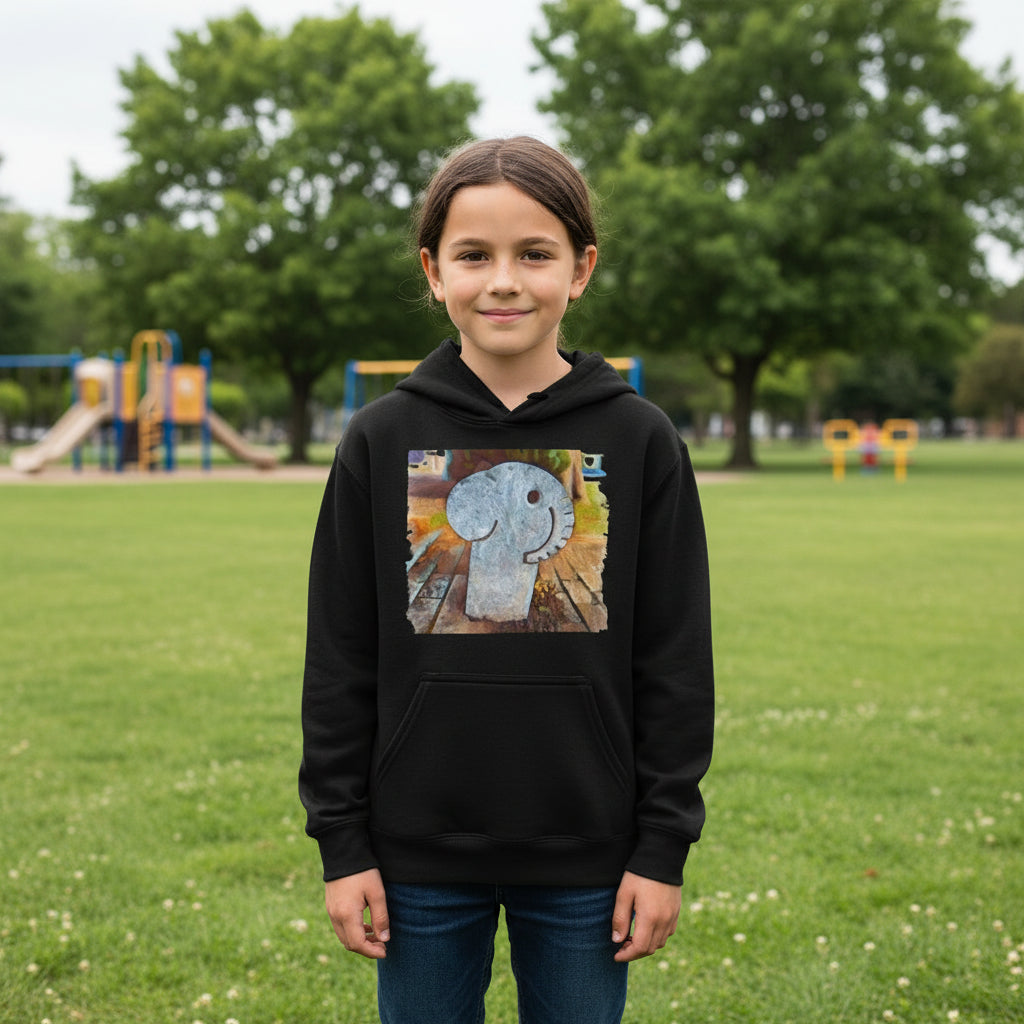 Kid wearing black hoodie with a unique elephant design on the chest against a playground backdrop
