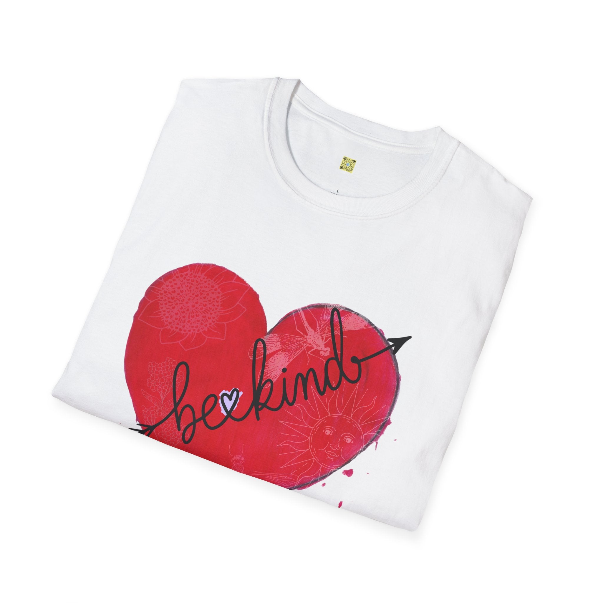 White t-shirt with a red heart and 'be kind' text on a white background