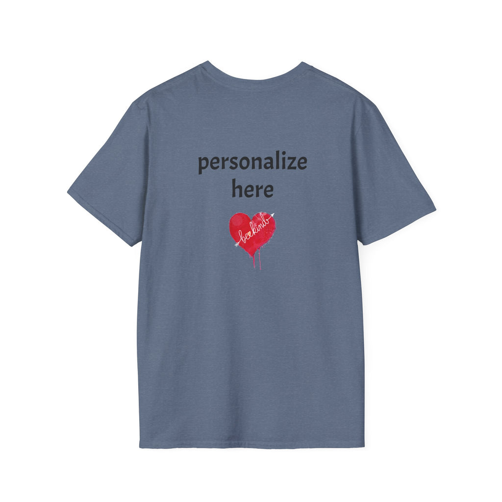 Blue t-shirt with a red heart and text on the back against a white background