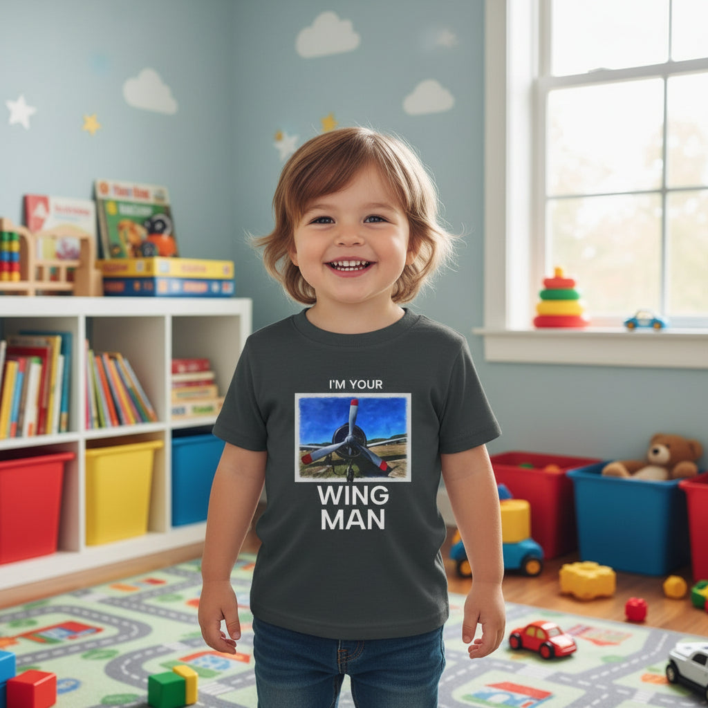 Child wearing gray t-shirt with airplane propeller design and text I'm your Wing Man on a playroom background